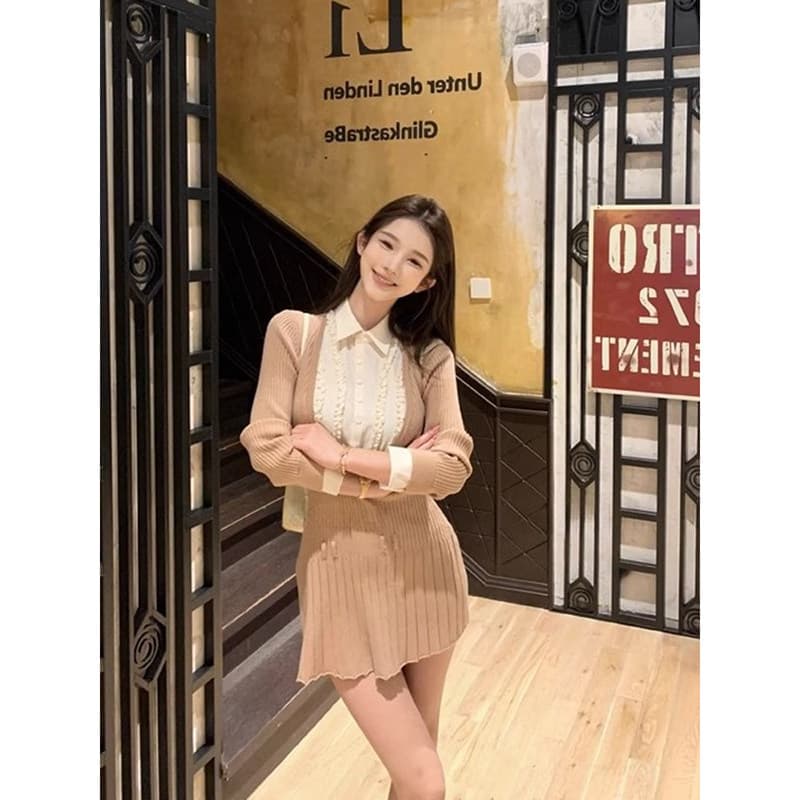 프랑스식 순수한 욕망 검정색 인사이드 가져 가라. 니트 드레스 아이들 페이크 레이어드 패치워크 셔츠 칼라 플리츠 미니 스커트 2026 가을 상세 이미지 7
