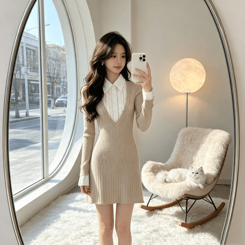 프랑스식 순수한 욕망 검정색 인사이드 가져 가라. 니트 드레스 아이들 페이크 레이어드 패치워크 셔츠 칼라 플리츠 미니 스커트 2026 가을