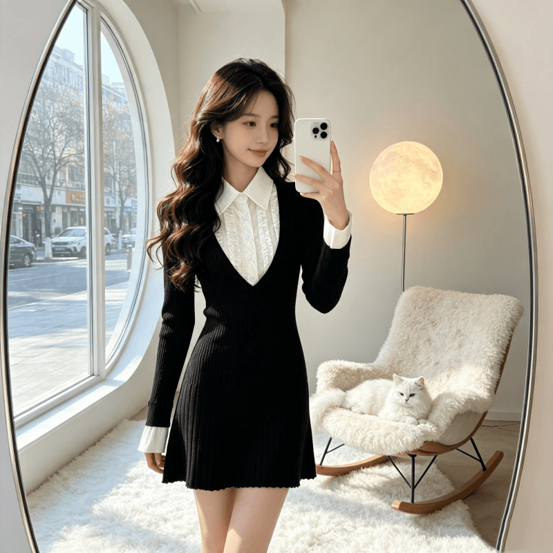프랑스식 순수한 욕망 검정색 인사이드 가져 가라. 니트 드레스 아이들 페이크 레이어드 패치워크 셔츠 칼라 플리츠 미니 스커트 2026 가을 이미지 5