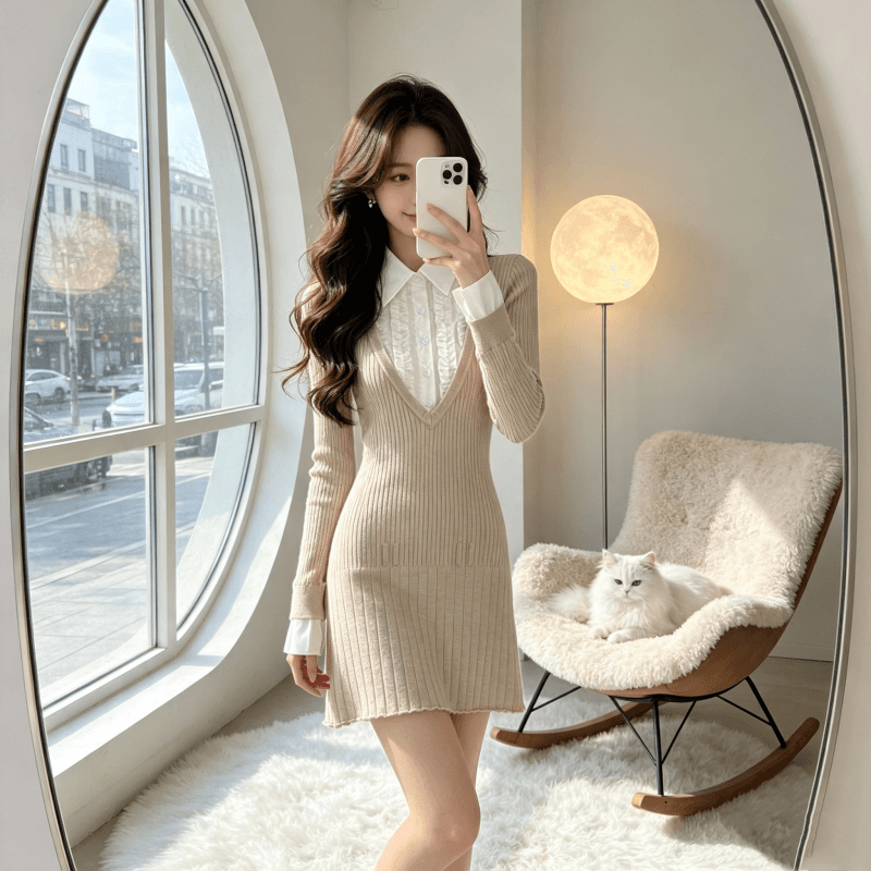 프랑스식 순수한 욕망 검정색 인사이드 가져 가라. 니트 드레스 아이들 페이크 레이어드 패치워크 셔츠 칼라 플리츠 미니 스커트 2026 가을 상세 이미지 5