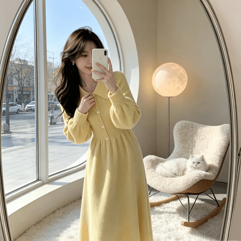 부드러운 바람 황색 니트 여성 드레스 2026 가을 겨울 새로운 허리 수축 슬림해 보이는 고급 센스 외국 가스 프랑스식 롱 스커트 이미지 3