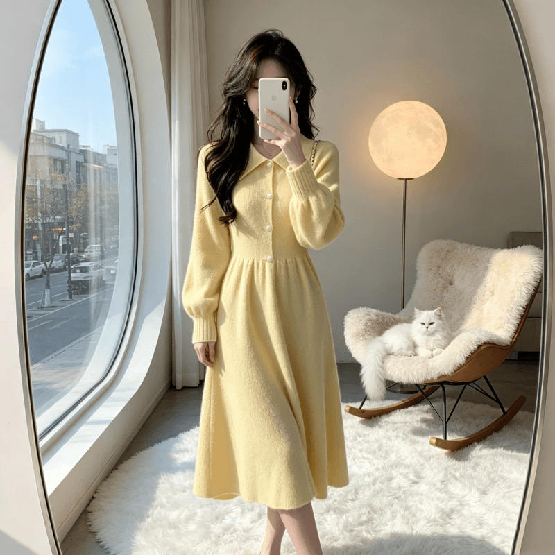 부드러운 바람 황색 니트 여성 드레스 2026 가을 겨울 새로운 허리 수축 슬림해 보이는 고급 센스 외국 가스 프랑스식 롱 스커트 이미지 2