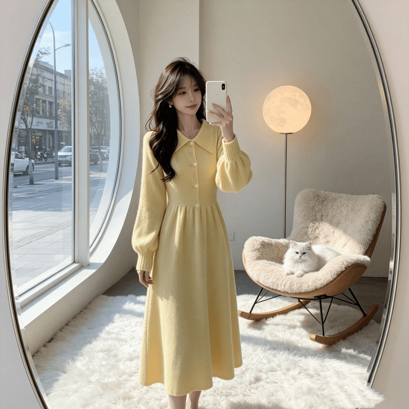 부드러운 바람 황색 니트 여성 드레스 2026 가을 겨울 새로운 허리 수축 슬림해 보이는 고급 센스 외국 가스 프랑스식 롱 스커트 상세 이미지 1