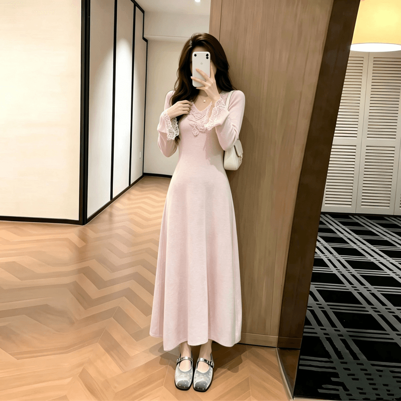 부드러운 바람 품격 V넥 레이스 꽃 드레스 여성 의류 2026 가을 새로운 우아함 데이트 허리 수축 롱 스커트