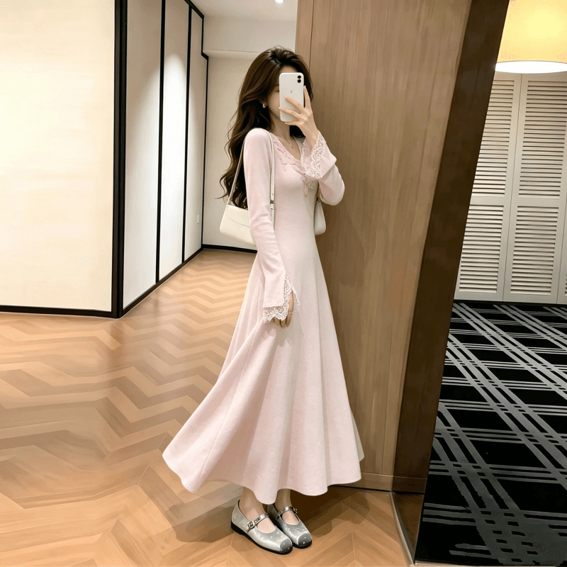 부드러운 바람 품격 V넥 레이스 꽃 드레스 여성 의류 2026 가을 새로운 우아함 데이트 허리 수축 롱 스커트 상세 이미지 6