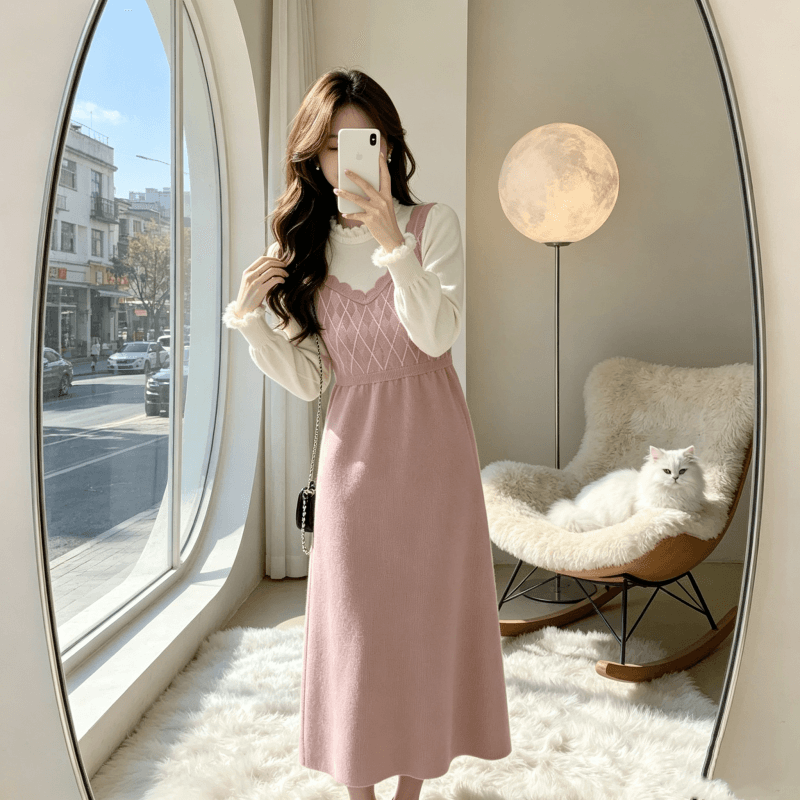 2026 년 가을 새로운 달콤함 연령 감소 한국 스타일 패션 레트로 학원 스타일 페이크 레이어드 슬림해 보이는 니트 드레스 이미지 2