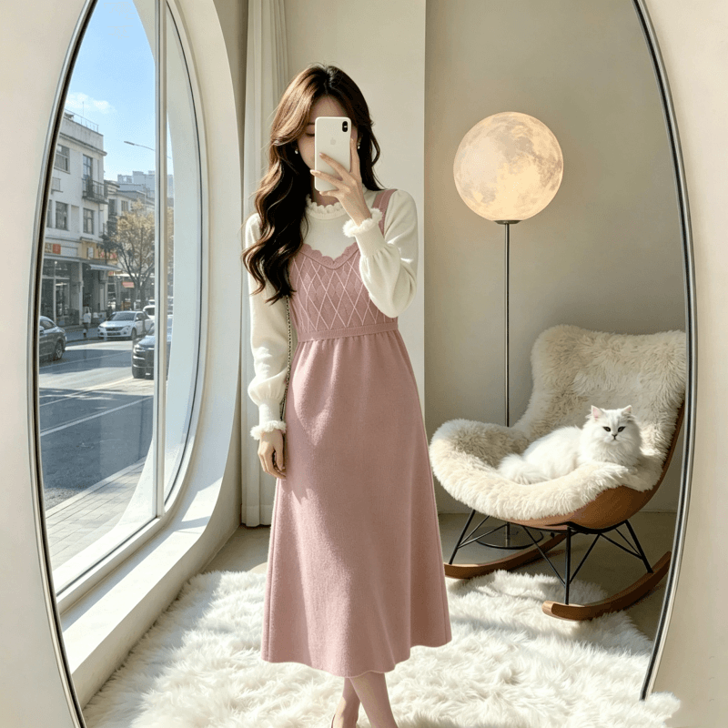 2026 년 가을 새로운 달콤함 연령 감소 한국 스타일 패션 레트로 학원 스타일 페이크 레이어드 슬림해 보이는 니트 드레스 상세 이미지 2