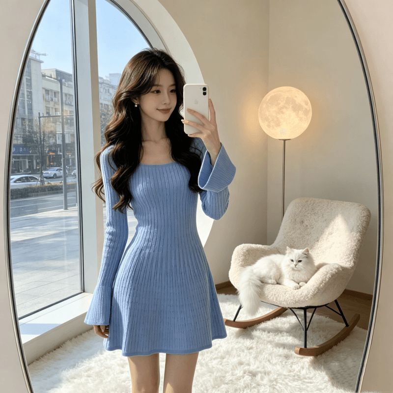 2026 프랑스식 u 칼라 니트 드레스 여성 의류 가을 겨울 작은 키 허리 수축 슬림해 보이는 긴팔 꽈배기 한 마디 짧은 치마