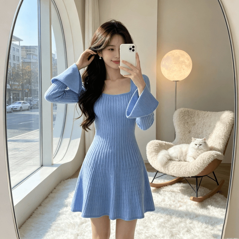 2026 프랑스식 u 칼라 니트 드레스 여성 의류 가을 겨울 작은 키 허리 수축 슬림해 보이는 긴팔 꽈배기 한 마디 짧은 치마 상세 이미지 3