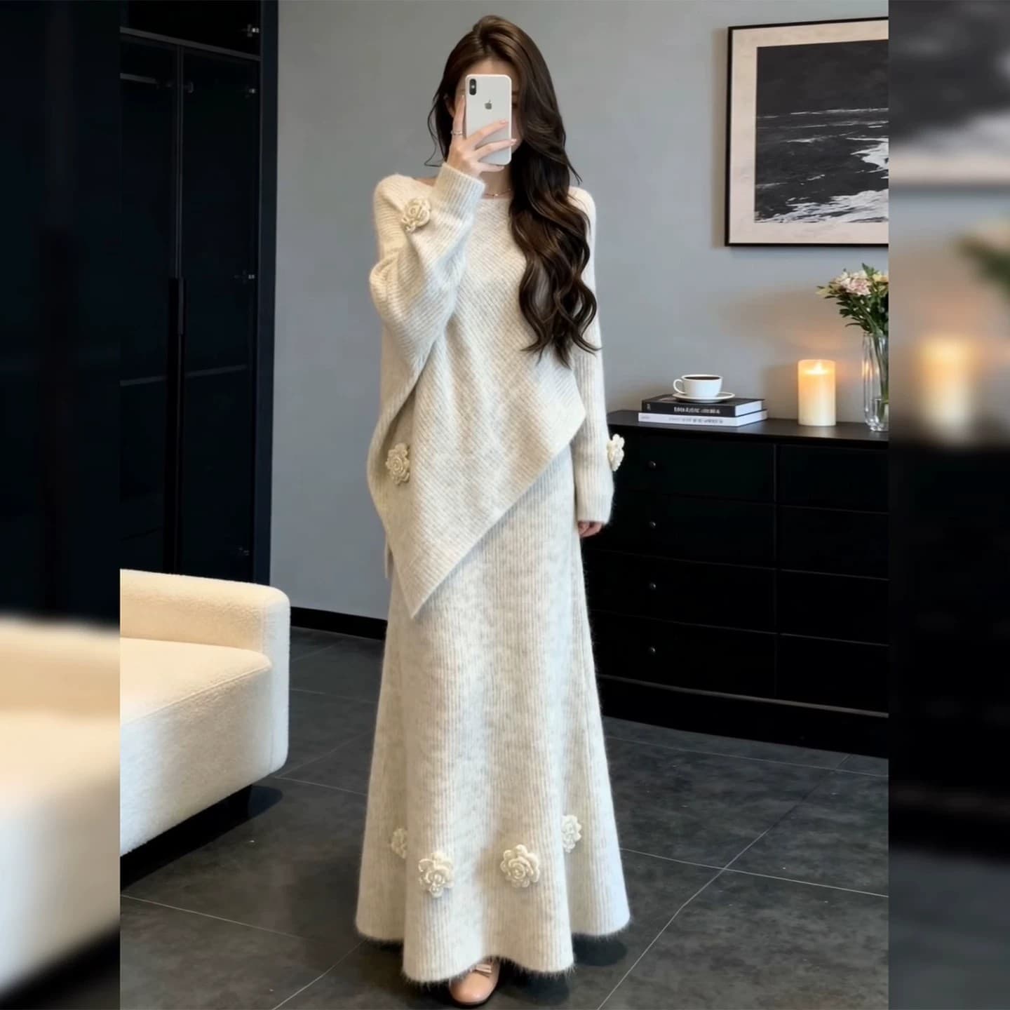 한 부서 부드러운 바람 패션 니트 반신 치마 세트 여성 가을 겨울철 루즈핏 슬림해 보이는 품격 스웨터 세트 치마 이미지 5