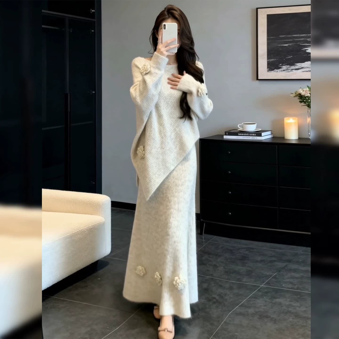 한 부서 부드러운 바람 패션 니트 반신 치마 세트 여성 가을 겨울철 루즈핏 슬림해 보이는 품격 스웨터 세트 치마 이미지 4