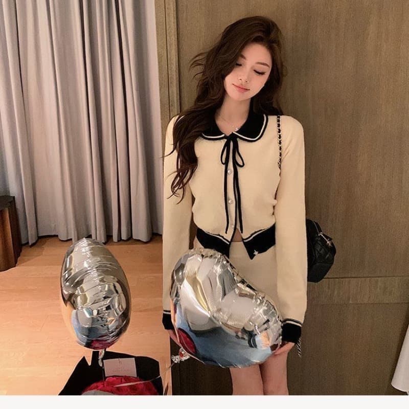 q 여자 집 문학과 건방진 녀석 가을 코디 전체 집합 연령 감소 학원 니트 스웨터 플리츠 미니 스커트 투피스 세트 이미지 5