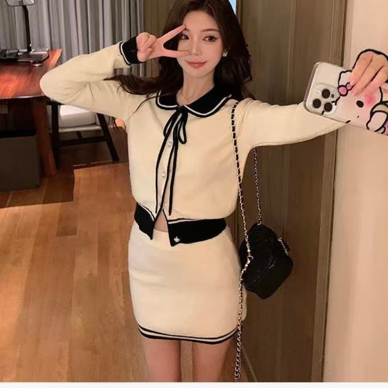 q 여자 집 문학과 건방진 녀석 가을 코디 전체 집합 연령 감소 학원 니트 스웨터 플리츠 미니 스커트 투피스 세트 상세 이미지 10