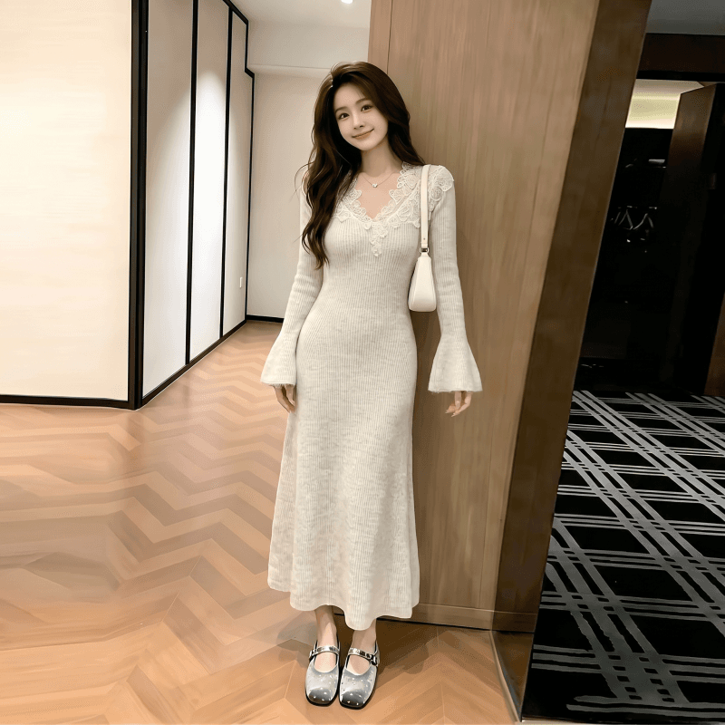 xxiiuu 모피 바람 숨는 장소 후아 겨울 인사이드 가져 가라. 기본 스커트 여성 레이스 조각 여성 드레스 니트 스웨터 치마 이미지 3