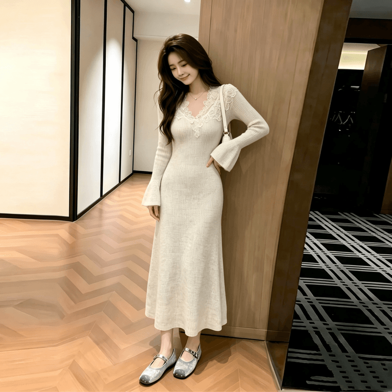 xxiiuu 모피 바람 숨는 장소 후아 겨울 인사이드 가져 가라. 기본 스커트 여성 레이스 조각 여성 드레스 니트 스웨터 치마 이미지 5