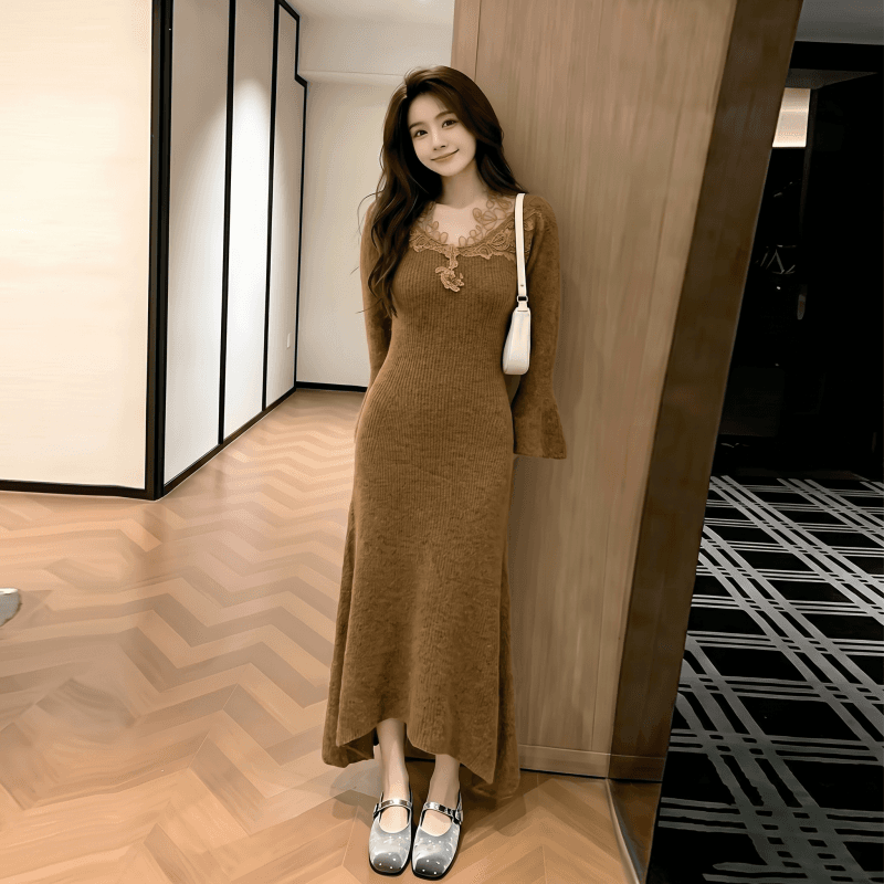 xxiiuu 모피 바람 숨는 장소 후아 겨울 인사이드 가져 가라. 기본 스커트 여성 레이스 조각 여성 드레스 니트 스웨터 치마 상세 이미지 1