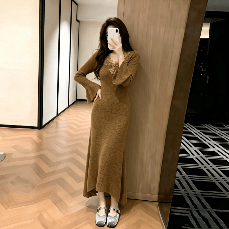 xxiiuu 모피 바람 숨는 장소 후아 겨울 인사이드 가져 가라. 기본 스커트 여성 레이스 조각 여성 드레스 니트 스웨터 치마 상세 이미지 3