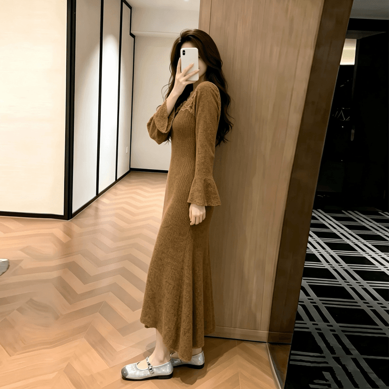 xxiiuu 모피 바람 숨는 장소 후아 겨울 인사이드 가져 가라. 기본 스커트 여성 레이스 조각 여성 드레스 니트 스웨터 치마 상세 이미지 5