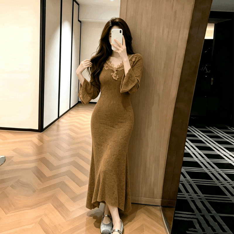 xxiiuu 모피 바람 숨는 장소 후아 겨울 인사이드 가져 가라. 기본 스커트 여성 레이스 조각 여성 드레스 니트 스웨터 치마 상세 이미지 6