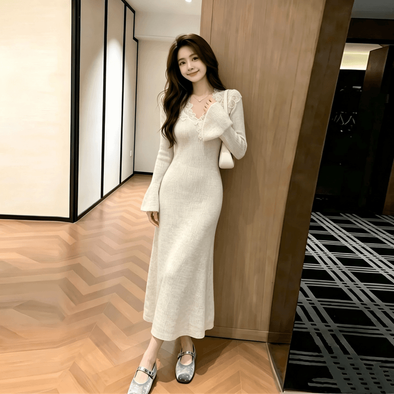 xxiiuu 모피 바람 숨는 장소 후아 겨울 인사이드 가져 가라. 기본 스커트 여성 레이스 조각 여성 드레스 니트 스웨터 치마 상세 이미지 11