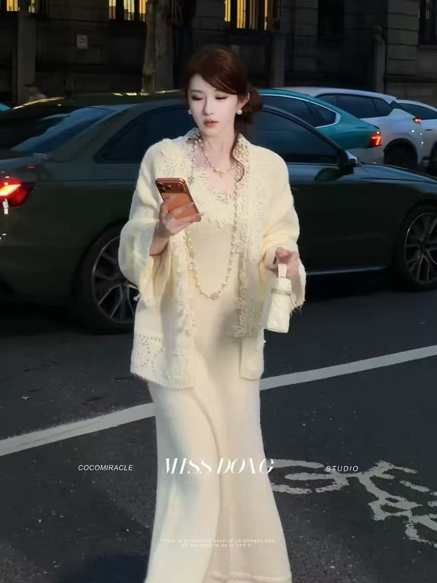 레이스 레이스 V넥 슬립 니트 롱 스커트 경기 홀로우 아웃 레이스 측면 오픈 가디건 투피스 슈트 가을 겨울 패션 착용 가져 가라. 이미지 4
