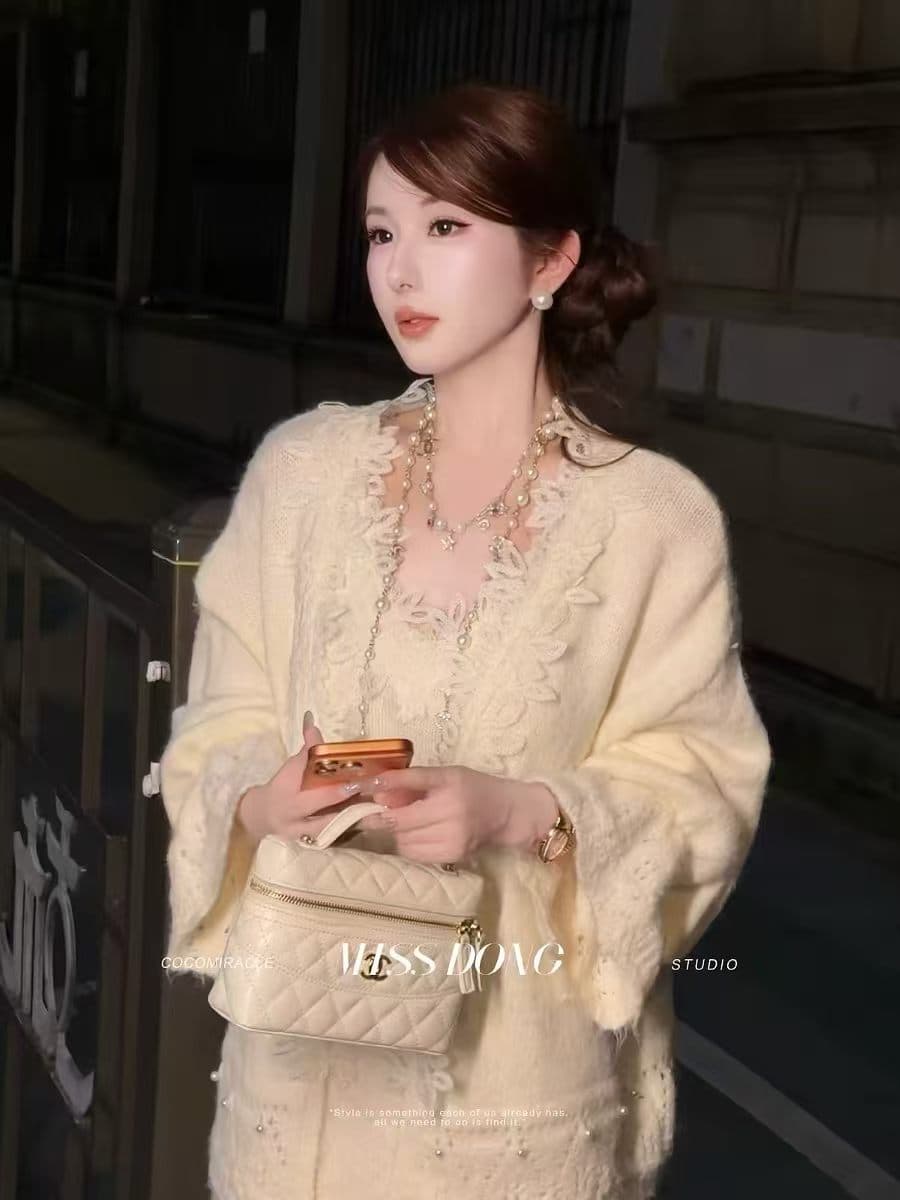 레이스 레이스 V넥 슬립 니트 롱 스커트 경기 홀로우 아웃 레이스 측면 오픈 가디건 투피스 슈트 가을 겨울 패션 착용 가져 가라. 상세 이미지 5