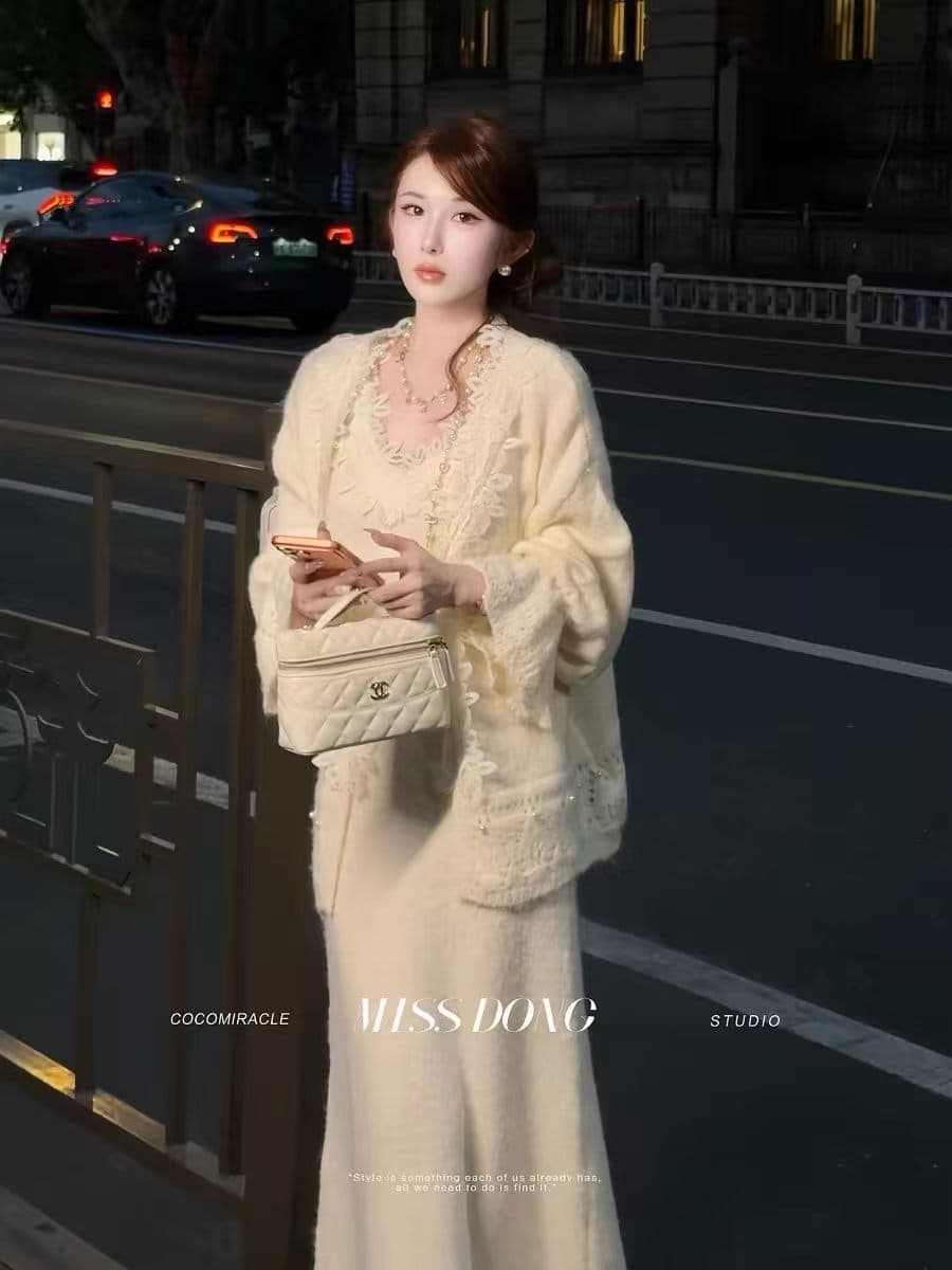 레이스 레이스 V넥 슬립 니트 롱 스커트 경기 홀로우 아웃 레이스 측면 오픈 가디건 투피스 슈트 가을 겨울 패션 착용 가져 가라. 상세 이미지 6