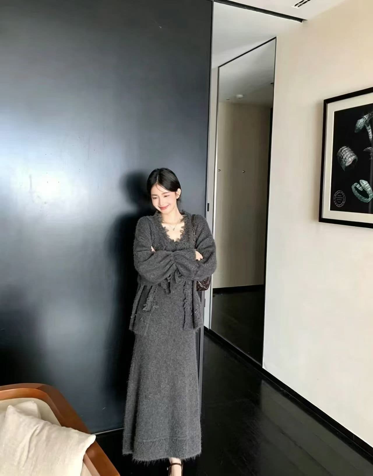 레이스 레이스 V넥 슬립 니트 롱 스커트 경기 홀로우 아웃 레이스 측면 오픈 가디건 투피스 슈트 가을 겨울 패션 착용 가져 가라. 상세 이미지 8