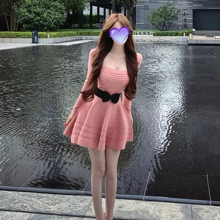 syj 슈 의류 홈 프랑스식 명문 여성 바람 u 칼라 나비 매듭 니트 여성 드레스 가을 허리 수축 슬림해 보이는 퍼프 미니 스커트
