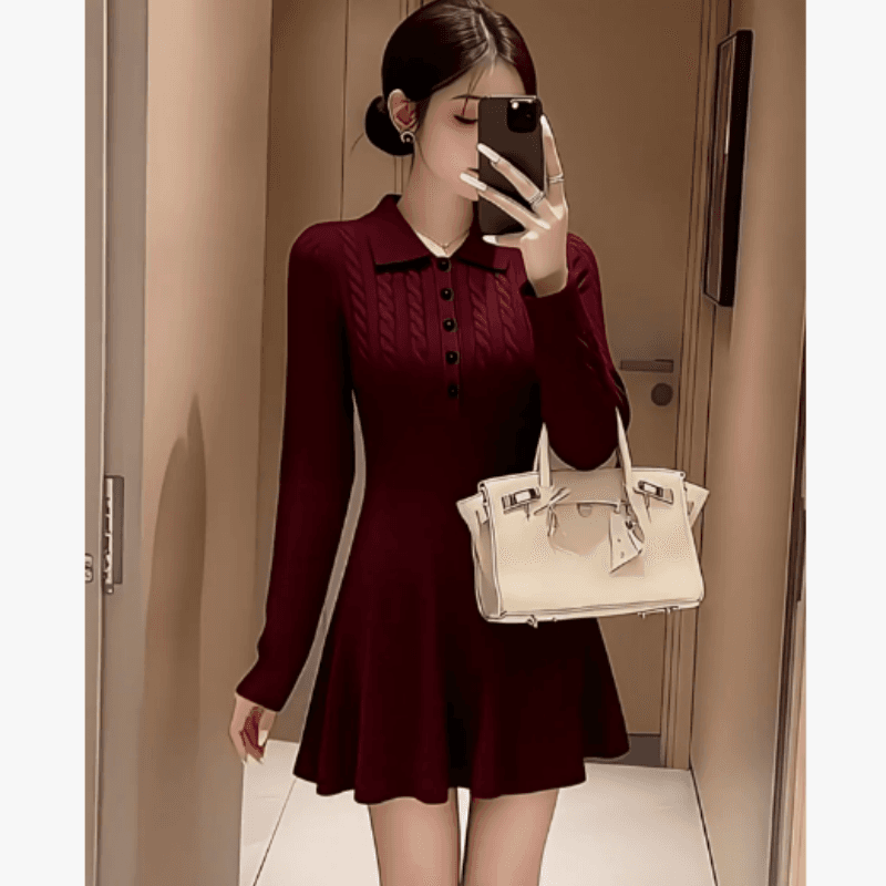 보온 POLO 칼라 허리 수축 슬림해 보이는 니트 드레스 2026 가을 새로운 작은 키 만나는 스웨터 드레스 상세 이미지 5