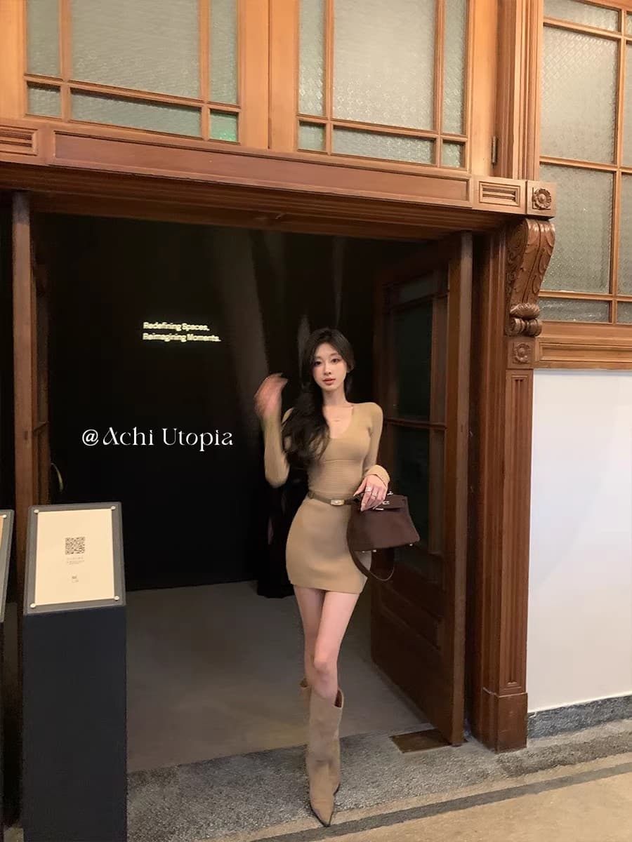 achi 대 또한 수영장 화이트 V넥 허리 수축 슬림해 보이는 니트 여성 드레스 품격 몸매 가꾸기 미니 스커트 만나는 타이트 스커트 상세 이미지 10