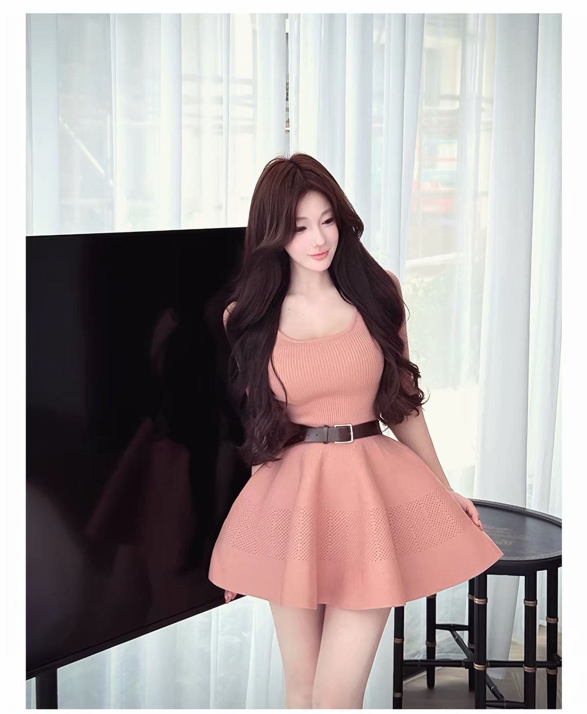 프랑스식 부드러운 바람 핑크색 니트 여성 드레스 가을 새로운 핫걸 허리 수축 슬림해 보이는 품격 천 금빛 바람 미니 스커트