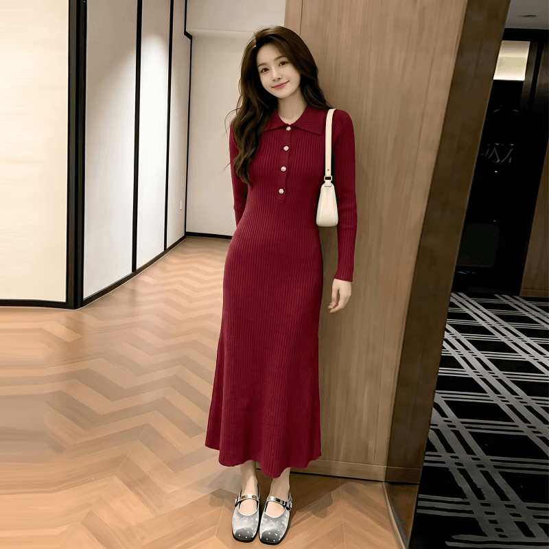 레트로 빨간색 항구 바람 폴로 칼라 니트 여성 드레스 2026 가을 새로운 고급 센스 품격 슬림해 보이는 레트로 롱 스커트