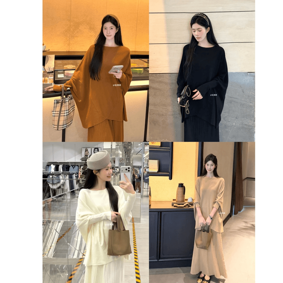 생방송 폭발 가을 높은 품질 비싼 가스 슬림해 보이는 불규칙 슬림해 보이는 표지 고기 박쥐 긴팔 세트 상세 이미지 1