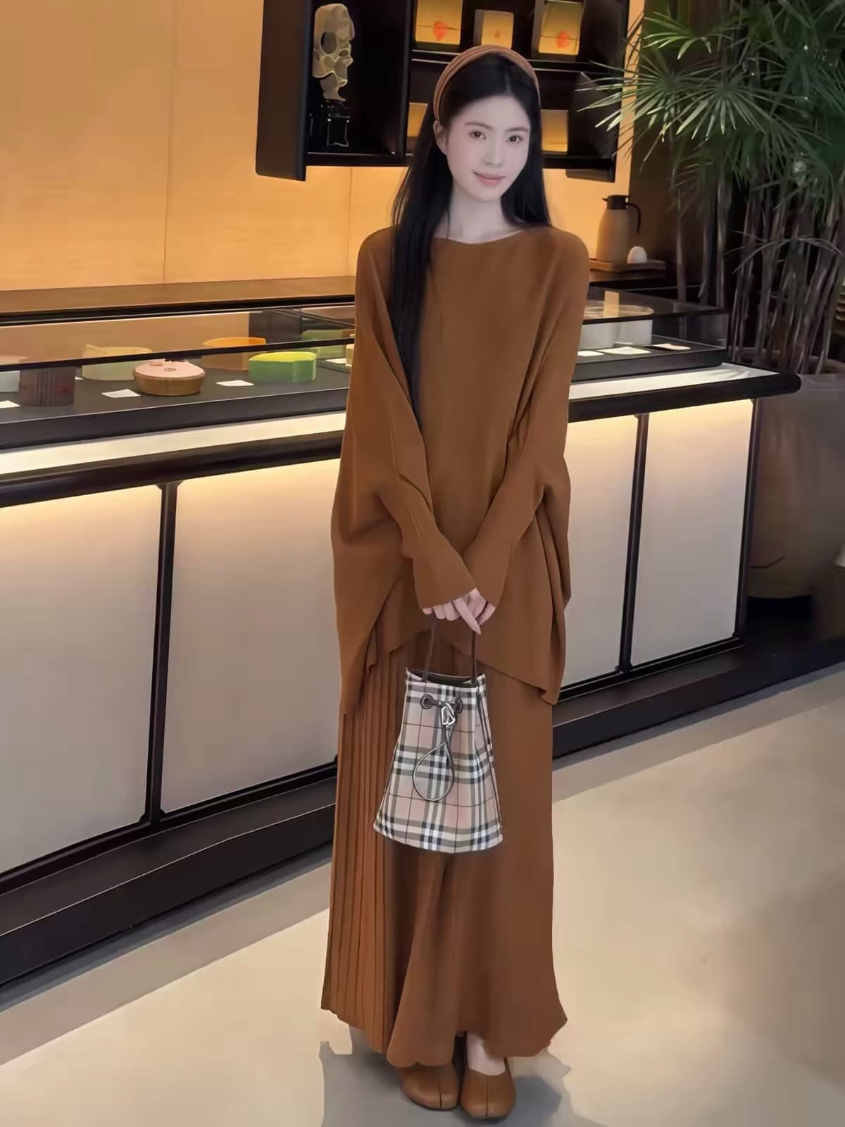 생방송 폭발 가을 높은 품질 비싼 가스 슬림해 보이는 불규칙 슬림해 보이는 표지 고기 박쥐 긴팔 세트 상세 이미지 7