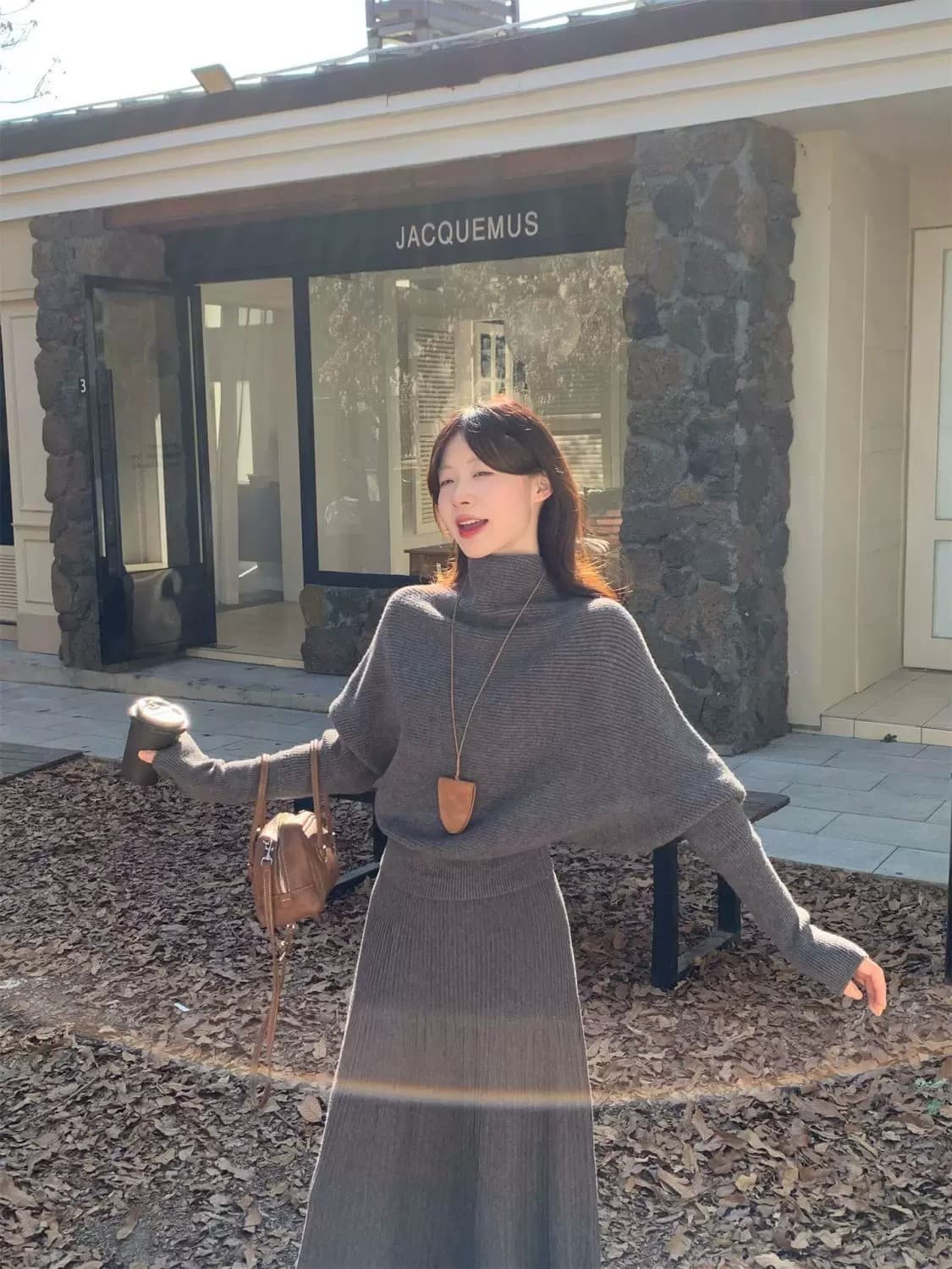 프랑스식 품격 말뚝 더미 칼라 긴팔 니트 스웨터 여성 의류 가을 겨울 천 금빛 바람 고급 센스 하프 길이 치마 투피스 세트 상세 이미지 9