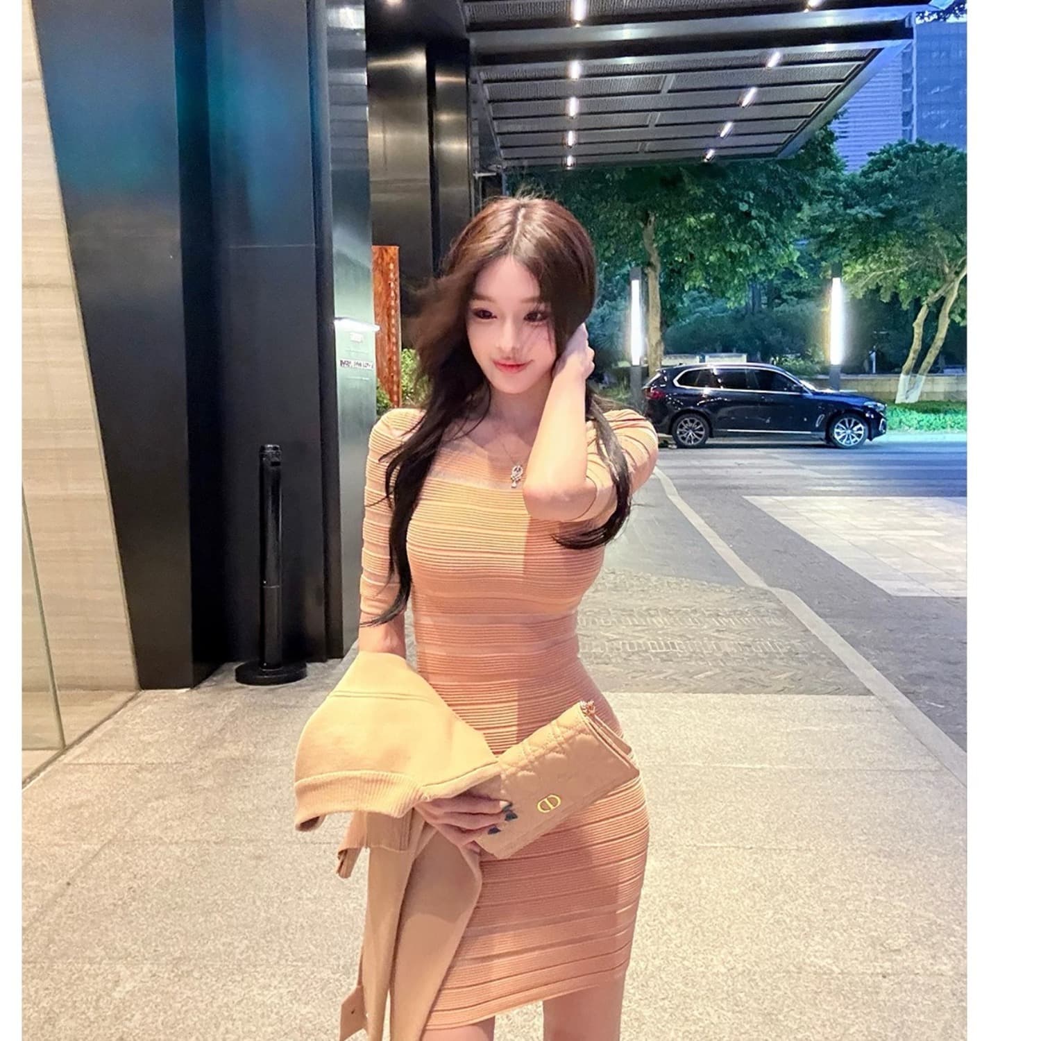 ww 오리지널 서울 자매 중간 소매 홀로우 아웃 타이트 스커트 드레스 한 부서 이른 가을 계모 순수한 욕망 섹시함 미니 스커트