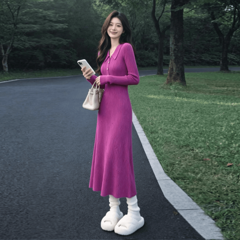 한 부서 작은 샤넬 스타일 품격 니트 드레스 2026 가을 겨울 새로운 다용도 로얄 자매 데이트 만나는 롱 스커트 이미지 3