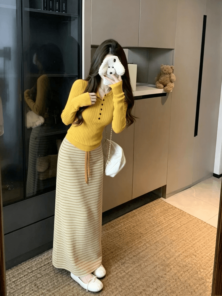 한 부서 전체 집합 착용 가져 가라. 부드러운 바람 레트로 황색 맨위 반신 스커트 투피스 슈트 2026 가을 섹션 세트 이미지 4