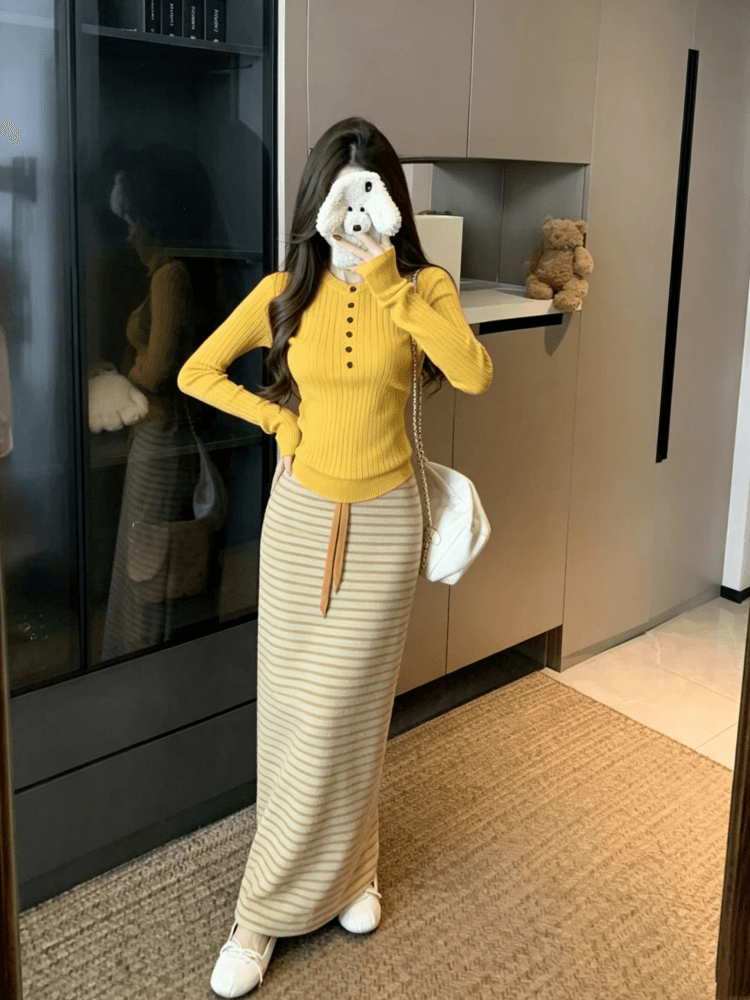 한 부서 전체 집합 착용 가져 가라. 부드러운 바람 레트로 황색 맨위 반신 스커트 투피스 슈트 2026 가을 섹션 세트 상세 이미지 4