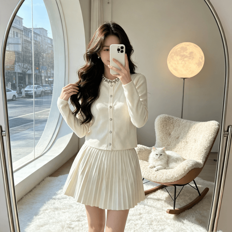프랑스식 명문 여성 작은 샤넬 스타일 니트 오픈 가디건 스웨터 여성 코트 가을 겨울 품격 맨위 플리츠 반신 스커트 투피스 세트 이미지 4