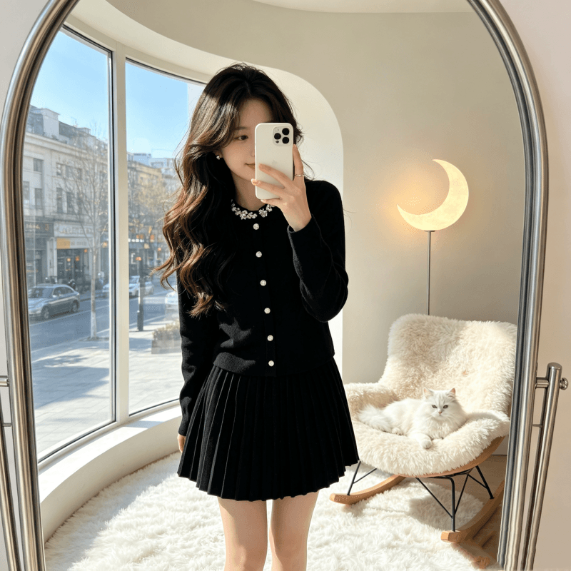 프랑스식 명문 여성 작은 샤넬 스타일 니트 오픈 가디건 스웨터 여성 코트 가을 겨울 품격 맨위 플리츠 반신 스커트 투피스 세트 상세 이미지 1