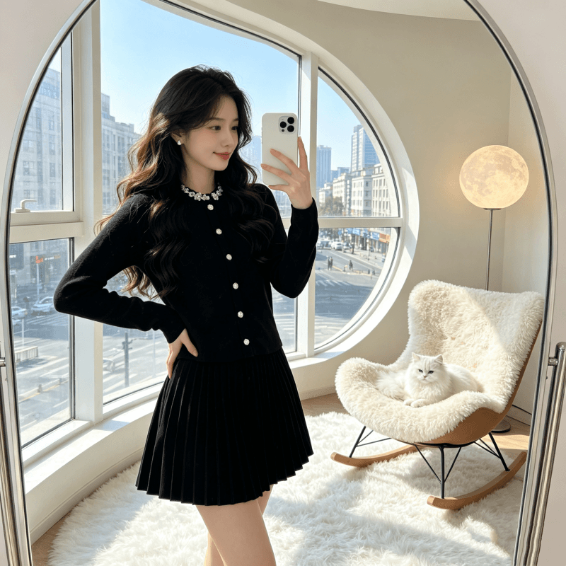 프랑스식 명문 여성 작은 샤넬 스타일 니트 오픈 가디건 스웨터 여성 코트 가을 겨울 품격 맨위 플리츠 반신 스커트 투피스 세트 상세 이미지 2