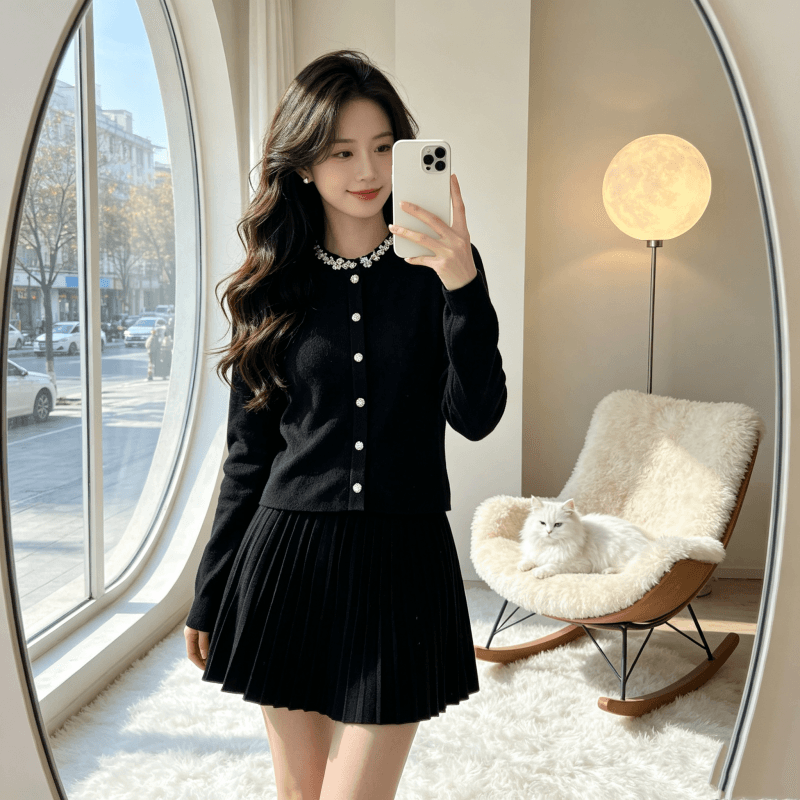 프랑스식 명문 여성 작은 샤넬 스타일 니트 오픈 가디건 스웨터 여성 코트 가을 겨울 품격 맨위 플리츠 반신 스커트 투피스 세트 상세 이미지 3