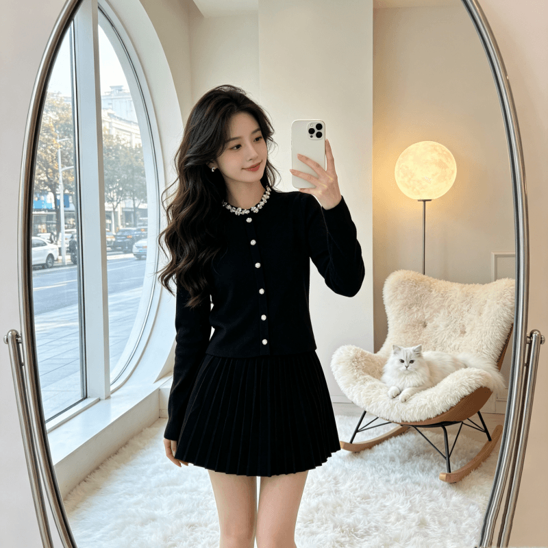 프랑스식 명문 여성 작은 샤넬 스타일 니트 오픈 가디건 스웨터 여성 코트 가을 겨울 품격 맨위 플리츠 반신 스커트 투피스 세트 상세 이미지 5