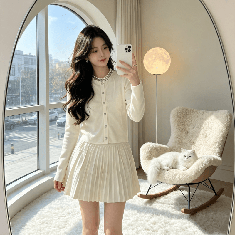 프랑스식 명문 여성 작은 샤넬 스타일 니트 오픈 가디건 스웨터 여성 코트 가을 겨울 품격 맨위 플리츠 반신 스커트 투피스 세트 상세 이미지 6