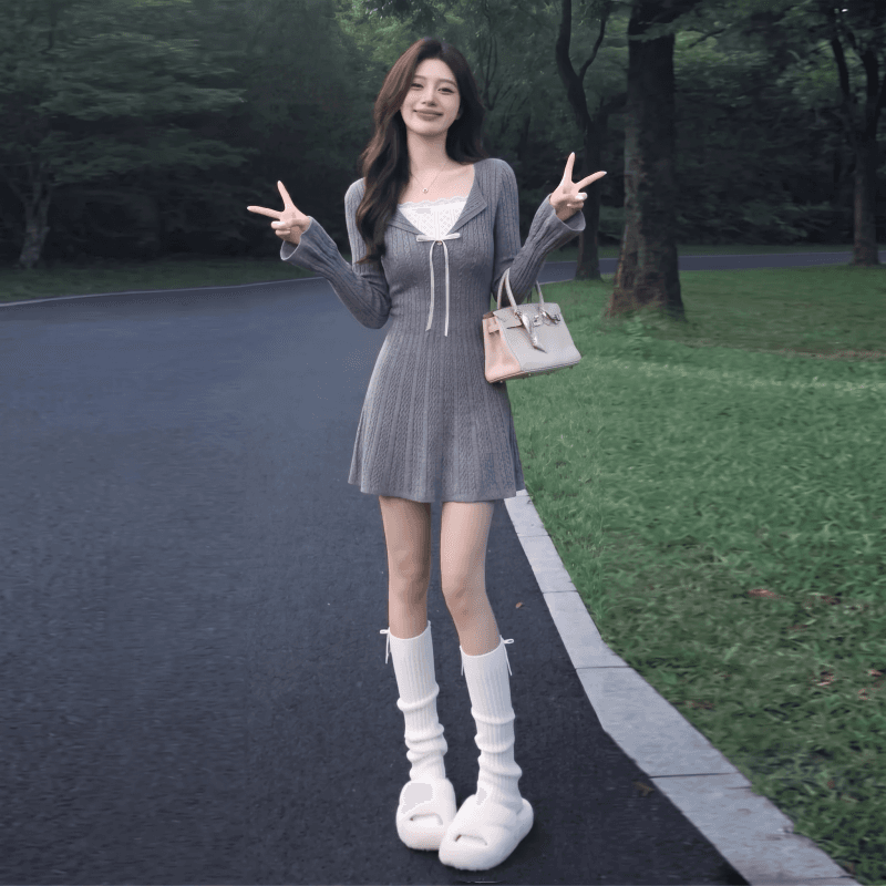 2026 년 가을 겨울 프랑스식 레이스 레이스 니트 페이크 레이어드 패치워크 두꺼운 니트 드레스 상세 이미지 2