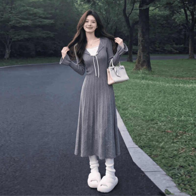 2026 년 가을 겨울 프랑스식 레이스 레이스 니트 페이크 레이어드 패치워크 두꺼운 니트 드레스 상세 이미지 3