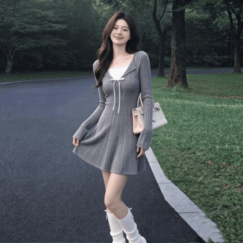 2026 년 가을 겨울 프랑스식 레이스 레이스 니트 페이크 레이어드 패치워크 두꺼운 니트 드레스 상세 이미지 7