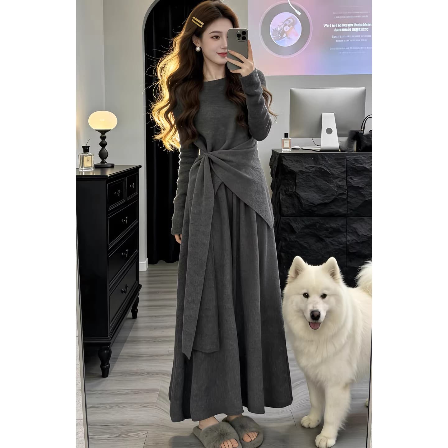품격 전체 집합 ootd 착용 가져 가라. 느슨함 센스 레트로 회색 니트 스웨터 와이드 레그 팬츠 투피스 슈트 2026 가을 겨울 이미지 3